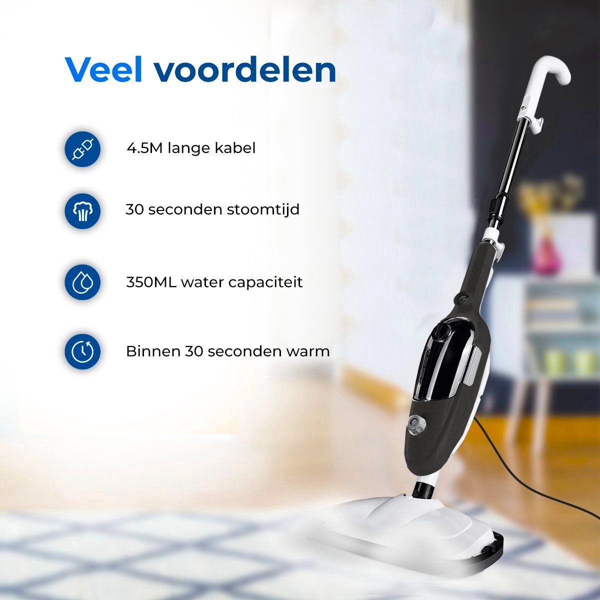 Stoomreiniger 2 in 1 - Handstomer - Vlekkenreiniger - Met 8 Opzetstukken en 4 Microvezeldoeken - Bank, Vloer, Badkamer en Tapijt Reinigen - Zwart thumbnail 3