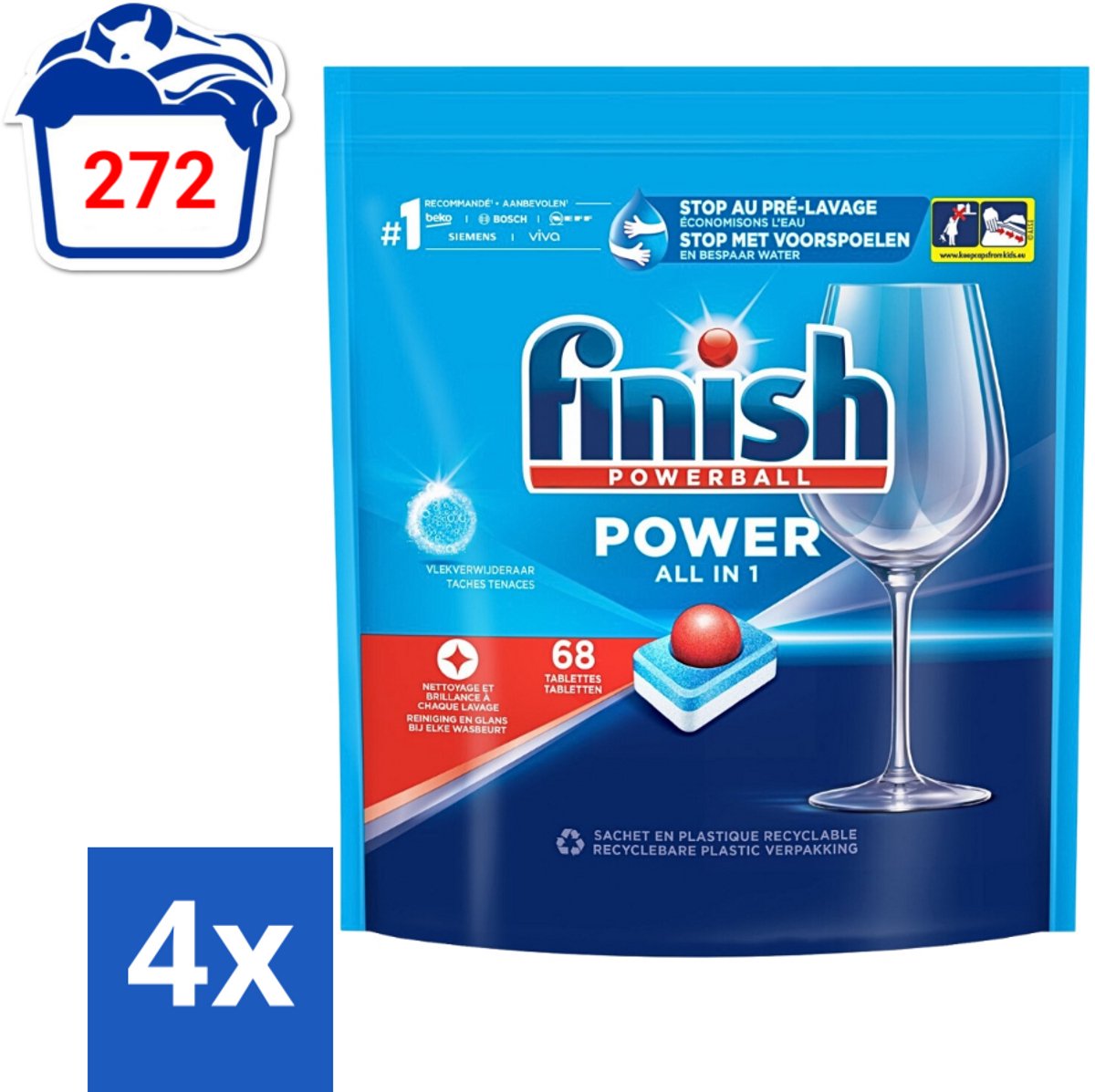 Finish Powerball - Power All in 1 - Vaatwastabletten - Reiniging & Glans - 68 Tabletten - Voordeelverpakking - 4 stuks