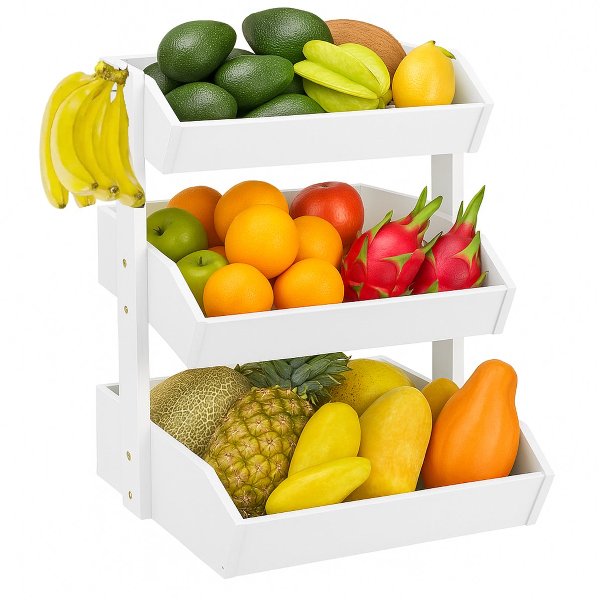 Pazzo Goods - Fruitmand Bamboe 3 Laags - Fruitschaal - Bamboe Hout - Staande Fruitmand Etagere - Hout – Aardappelbak - Wit