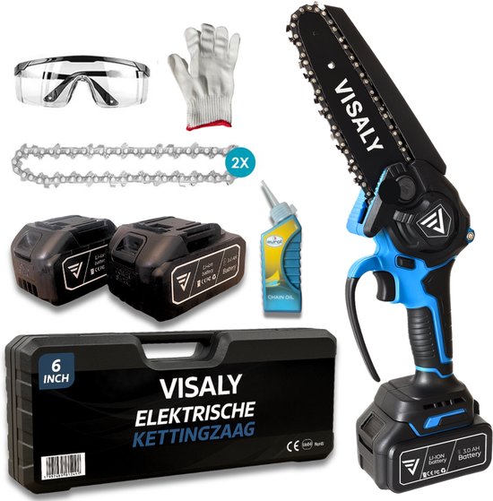 Visaly Mini Kettingzaag - Accu Snoeizaag - Elektrische Handkettingzaag - Takkenzaag - Automatische Kettingsmering - Brushless - Incl. Opbergkoffer, 2 Accu's en Kettingolie