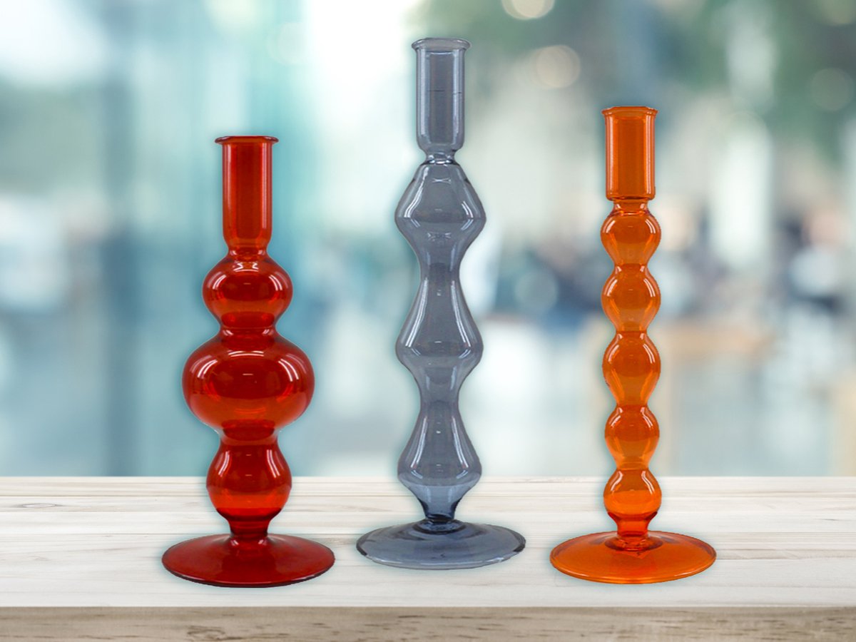 by Mooss - Kandelaar - set van 3 - Oranje - Blauw - Rood - Glas - Kaarsenhouder
