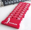 Een rode golf scoreteller met witte cijfers van 1 tot 18 en een silhouet van een golfster.