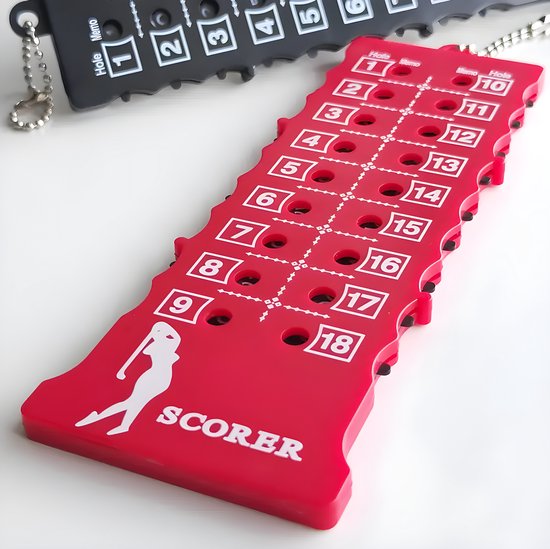 Een rode golf scoreteller met witte cijfers van 1 tot 18 en een silhouet van een golfster.