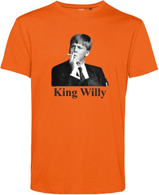T-shirt Vundy orange avec impression King Willy. Photo en noir et blanc d'un homme fumant avec l'inscription "King Willy".
