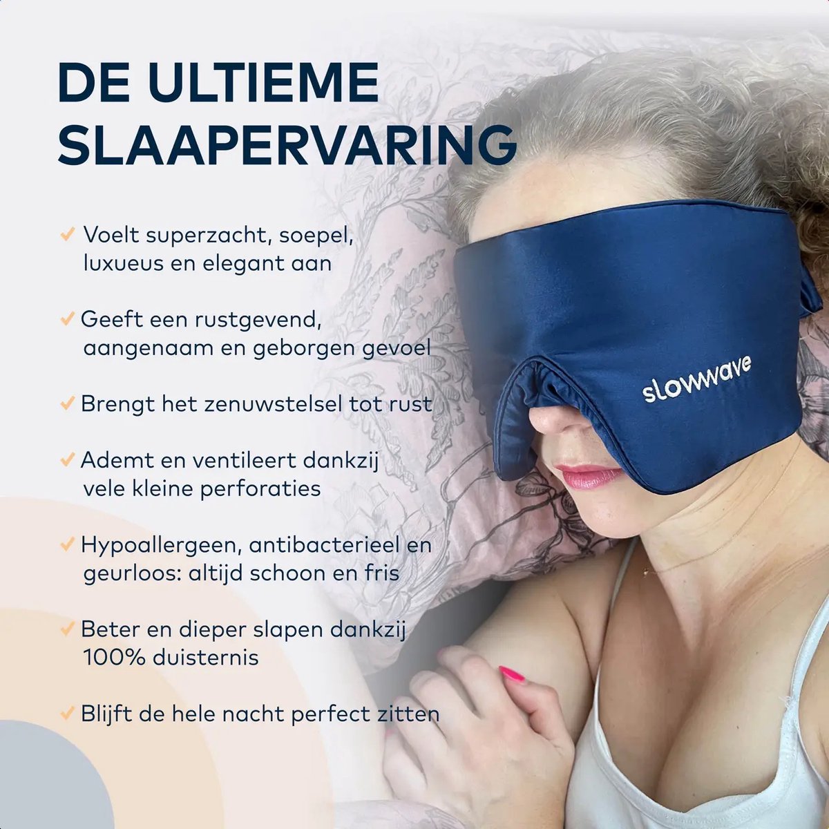 Slowwave Premium Silk Sleep Mask - Zijden slaapmasker - 100% verduisterend - Supercomfortabel in alle slaapposities - Echt moerbeizijde - Beschermt de gezichtshuid - Hypoallergeen, antibacterieel en ademend - Kleur: Navy (donkerblauw) — afbeelding 4
