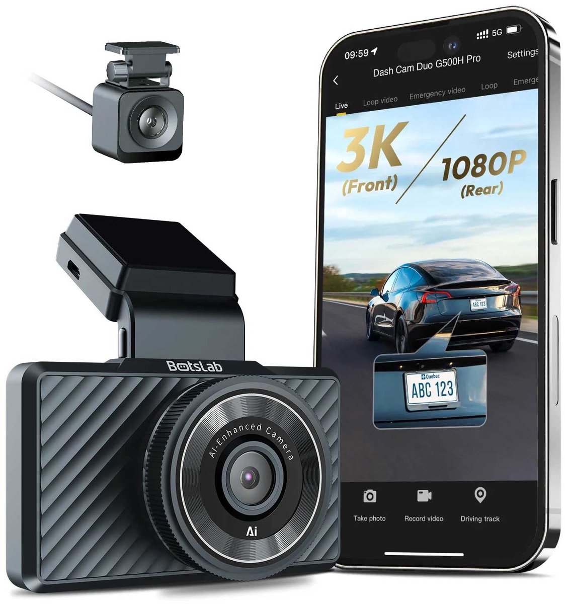 Botslab G500H Pro 3K Wifi Gps 2CH dashcam - Camera voor en achter - Wifi en GPS - Parkeermodus - 3,0 inch Lcd - 3K + Full HD resolutie - dashcam voor auto