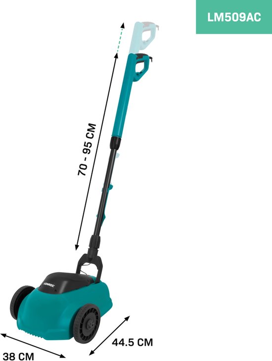 Teal grasmaaier met verstelbare steel van 70-95 cm, breedte 38 cm en diepte 44.5 cm.