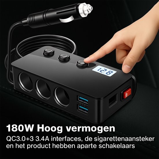 CARXI - 228W Autolader 3x Sigarettenaansteker QC3.0 & PD USB-C – 9-in-1 Snellader met 65cm Uittrekbare Type-C Kabel | Officiële Shop