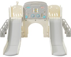 8-in-1 Speeltuinset voor kinderen, vrijstaande set met zeedierenthema met glijbaan, gebogen tunnel, basketbalring en telescoop, dubbele glijbanen voor peuters, klimrek voor kinderen