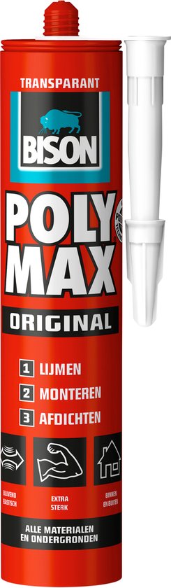 Bison Poly Max Original Transparant koker 300 gram, montagelijm, lijmen, monteren en afdichten, SMP technologie, oplosmiddelvrij, transparant, binnen en buiten, vrijwel alle ondergronden