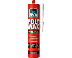 Bison Poly Max Original Transparant koker 300 gram, montagelijm, lijmen, monteren en afdichten, SMP technologie, oplosmiddelvrij, transparant, binnen en buiten, vrijwel alle ondergronden