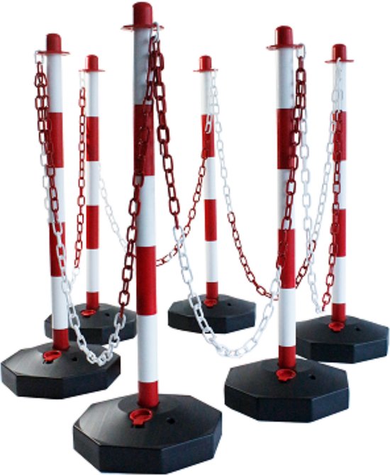 Technosafety – Poteaux de clôture – 6 poteaux incl. Chaîne 22M – Poteaux à chaîne – Ruban de délimitation – Plastique