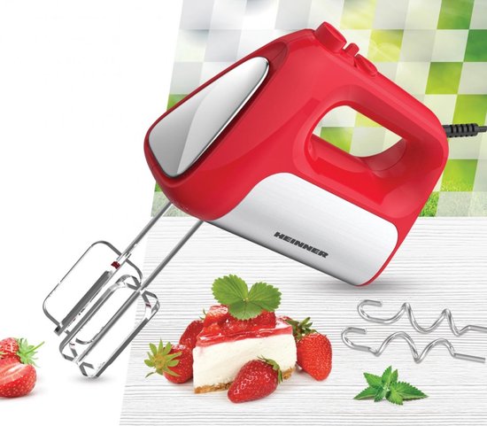 Heinner Handmixer - 500 W - 5 Snelheden + Turbo - RVS Kloppers & Deeghaken - Uitwerpknop - Rood met RVS-decoratie van Heinner — afbeelding 3
