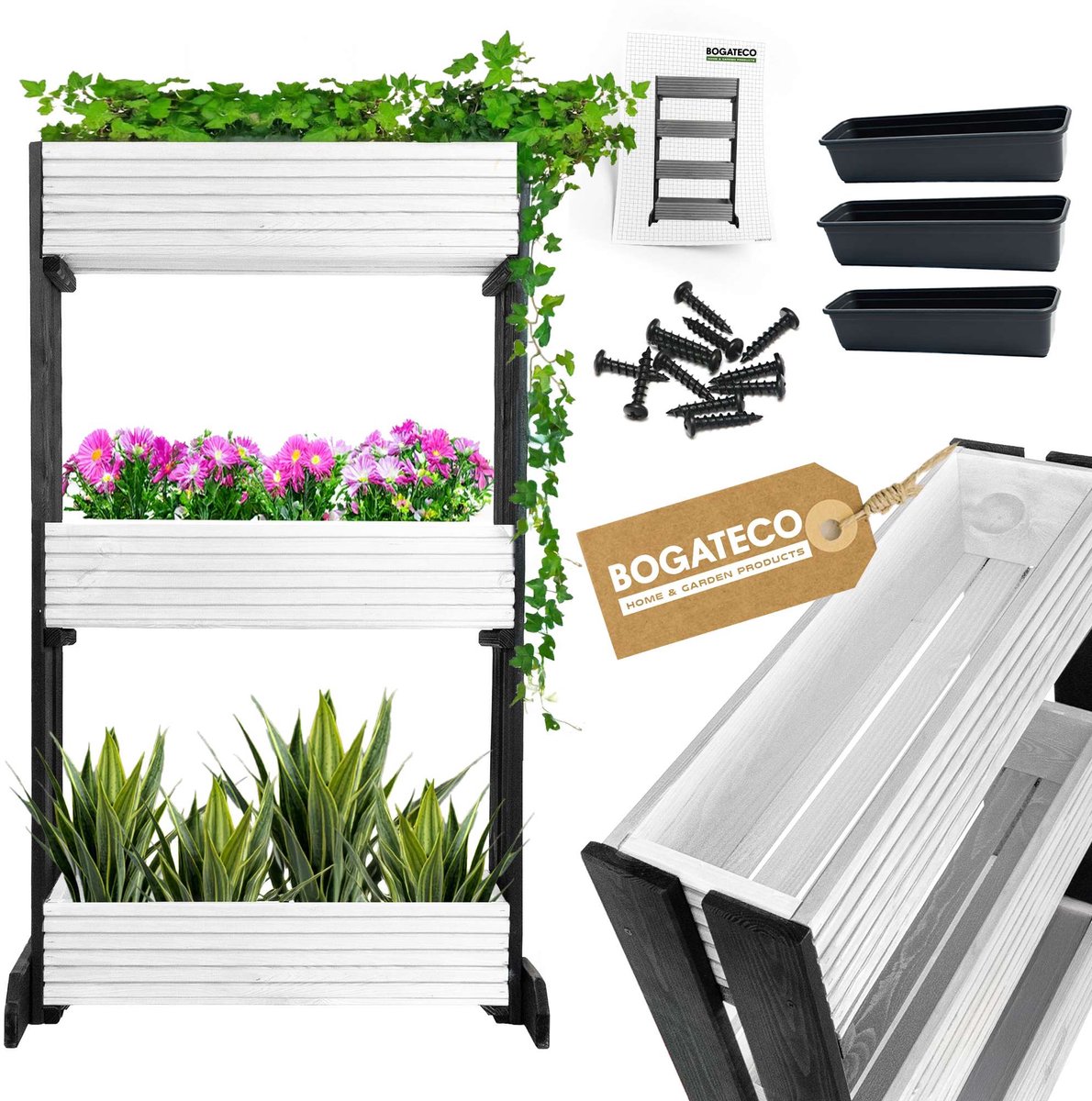 BOGATECO | Set van 3 bloempotten op standaard | Set van 3 bloempot plantenbakken 64x20cm | Houten bloempotten voor tomaten en bloemen, plantenbak voor tuinbalkon | 120cm hoog | Wit