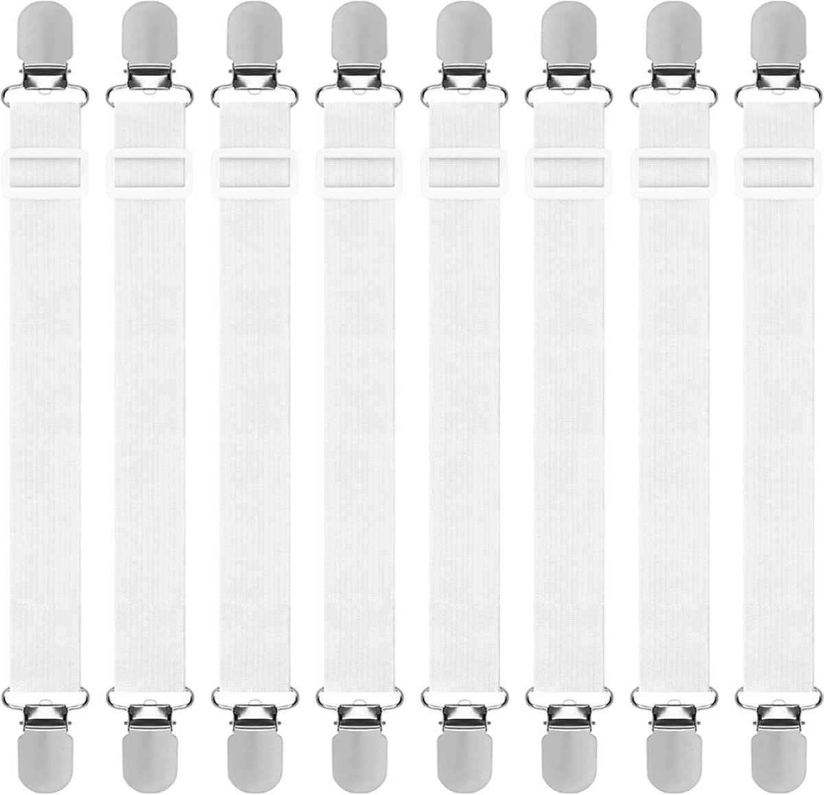 Universele Lakenspanners - 8 stuks hoes lakenspanners 2.5cm*130cm - elastische hoeslakenspanners - verstelbare hoeslakenhouders/wit/ met metalen clips - voor laken/ matras/strijkplank of bank