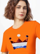 Dames Slim fit T-shirt Nederlandse vlag Kroontje met magic sequence | koningsdag kleding| Holland | EK-WK-Olympische Spelen | Oranje | maat XXL/44