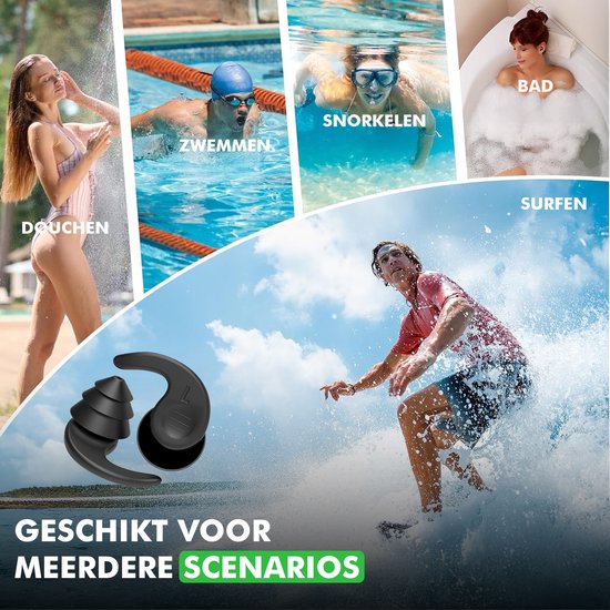 Collage met diverse wateractiviteiten, zoals douchen, zwemmen en surfen, met detailopname van zwarte oordopjes.