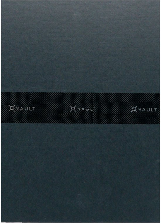 Zwart A4 schrijfblok met een zwarte band met het woord VAULT in witte letters.
