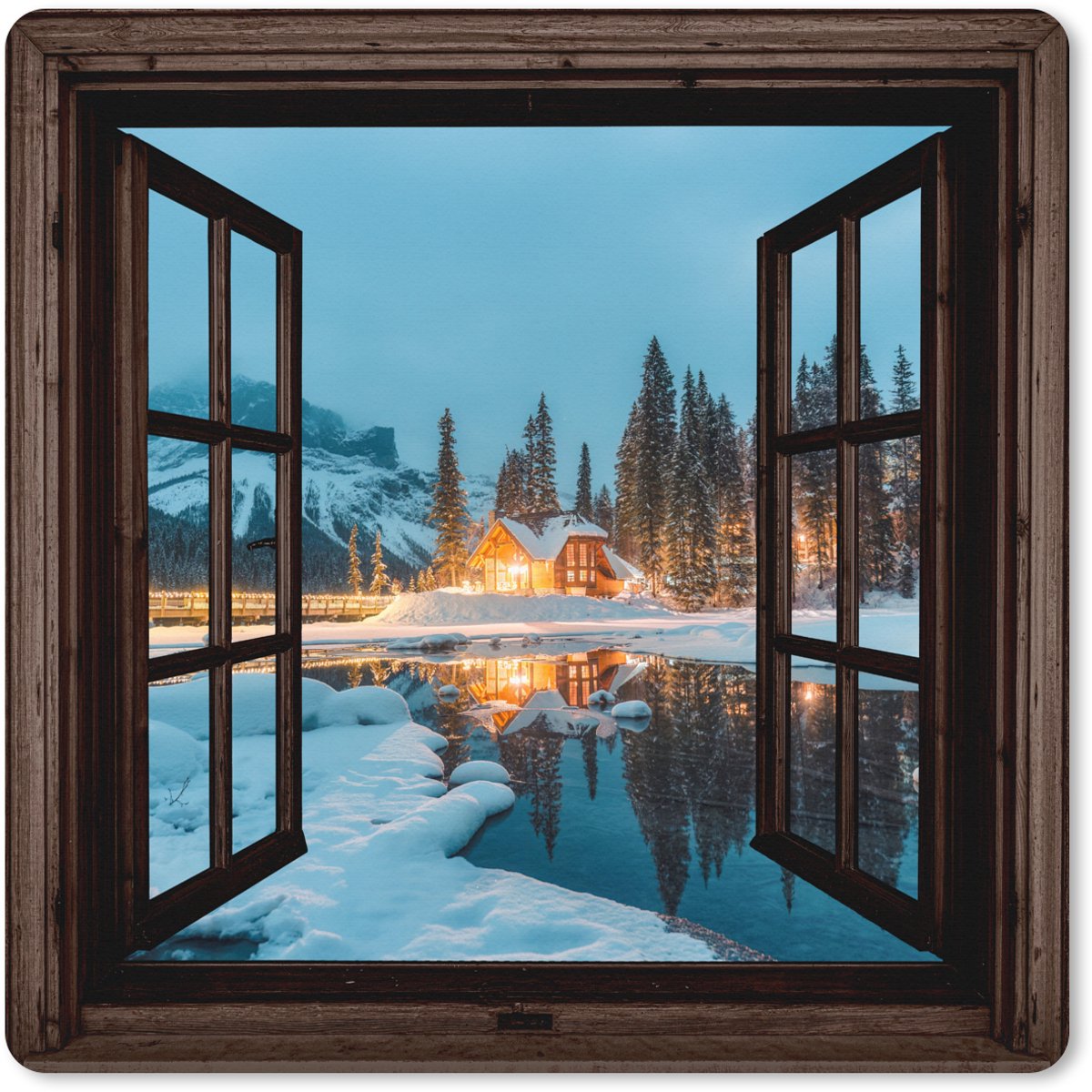 Muismat XXL 60x60 cm - Bureau onderlegger - Bureau mat Doorkijk - Winter - Landschap - Natuur - Huis - Bergen - Bureaumat - Gaming mousepad xl - Bureaulegger groot - Computer deskmat