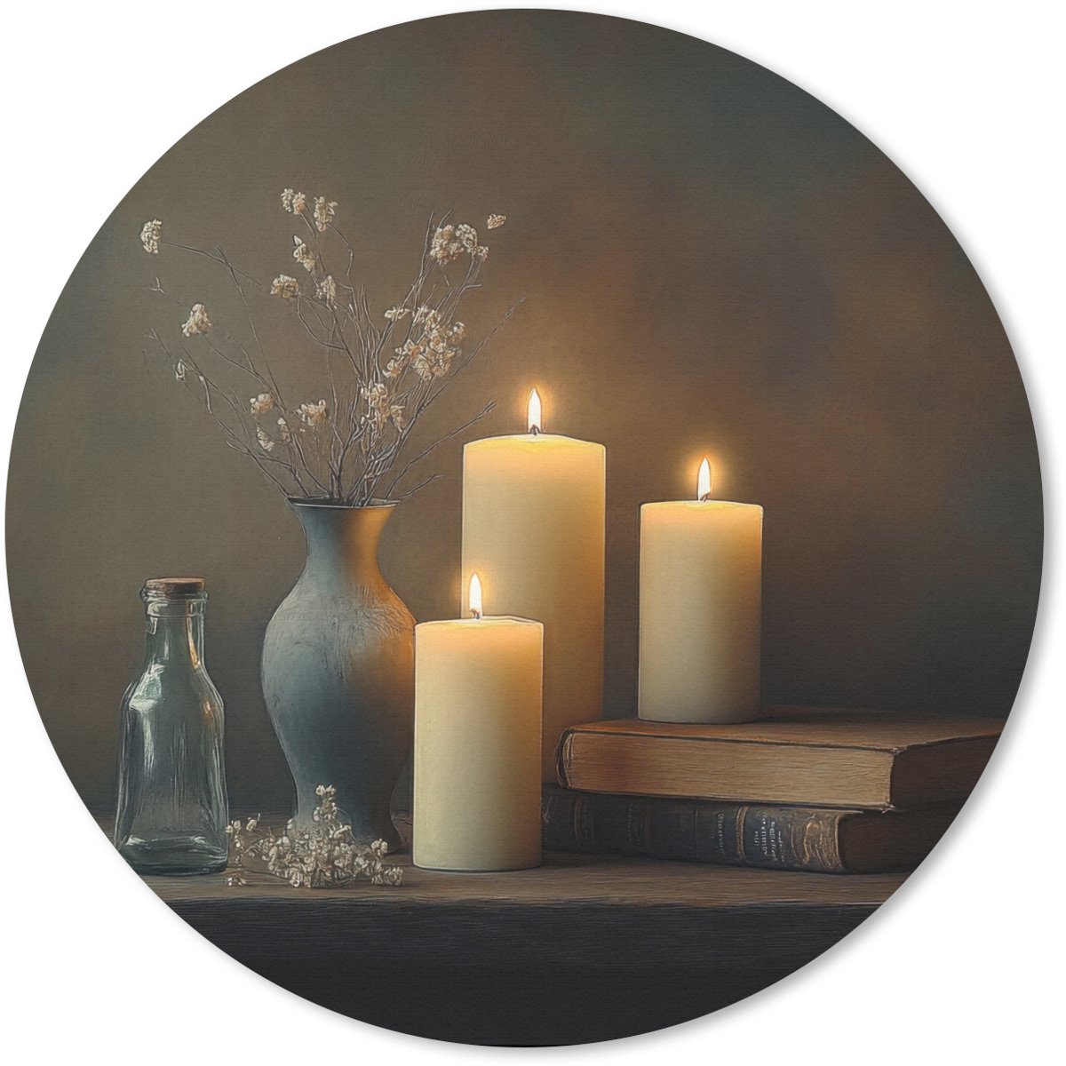 Muismat rond 50x50 cm - Mousepad Kaarsen - Stilleven - Rustiek - Boeken - Ronde muismatten