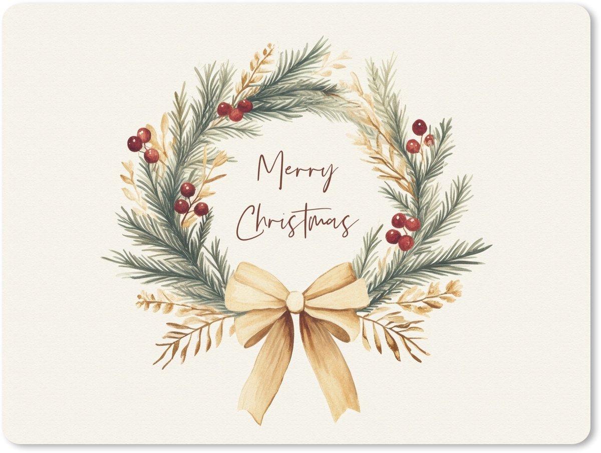Muismat 23x19 cm - Mousepad Kerstkrans - Kerst - Goud - Beige - Muismatten