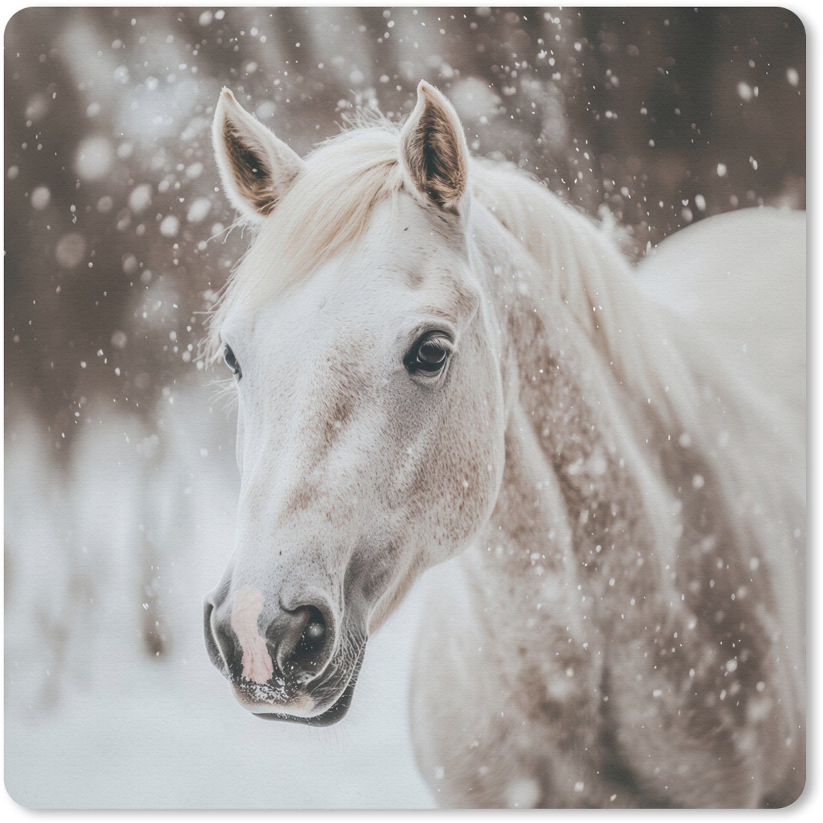 Muismat 30x30 cm - Mousepad Paard - Wit - Winter - Natuur - Sneeuw - Dieren - Muismatten
