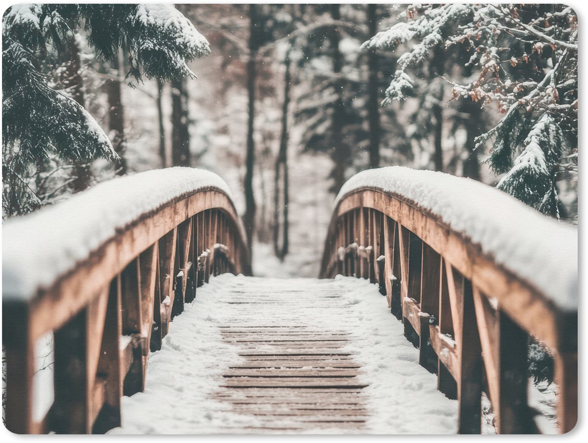 Muismat 23x19 cm - Mousepad Brug - Winterlandschap - Bos - Natuur - Sneeuw - Muismatten