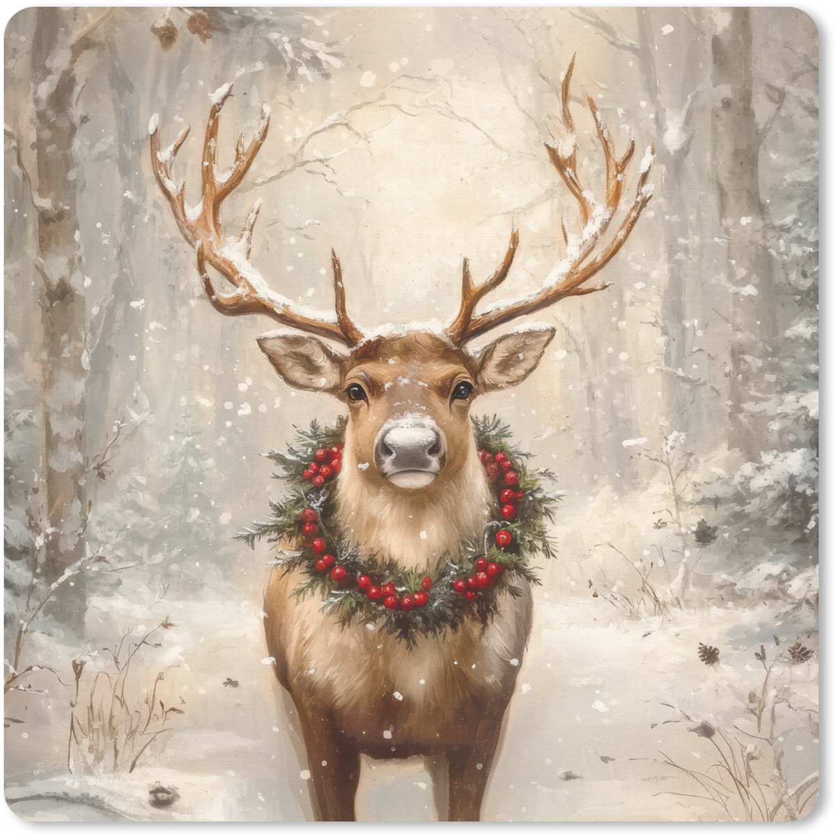 Muismat 30x30 cm - Mousepad Kerst - Rendier - Winter - Krans - Muismatten