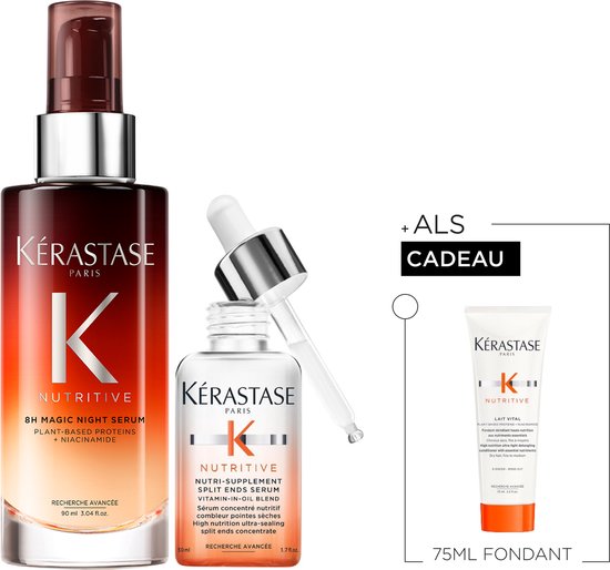 Duo Kérastase Nutritive avec flacon de Sérum Nuit 8H et flacon de Sérum Pointes Abîmées, avec cadeau après-shampoing.