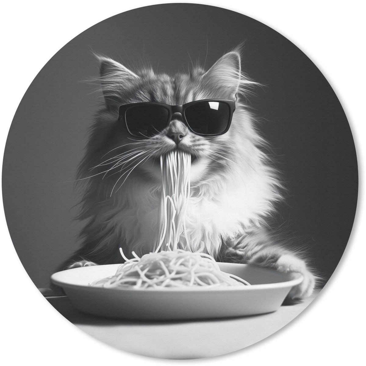 Muismat rond 30x30 cm - Mousepad Langharige kat - Zonnebril - Spaghetti - Humor - Zwart - wit - Ronde muismatten
