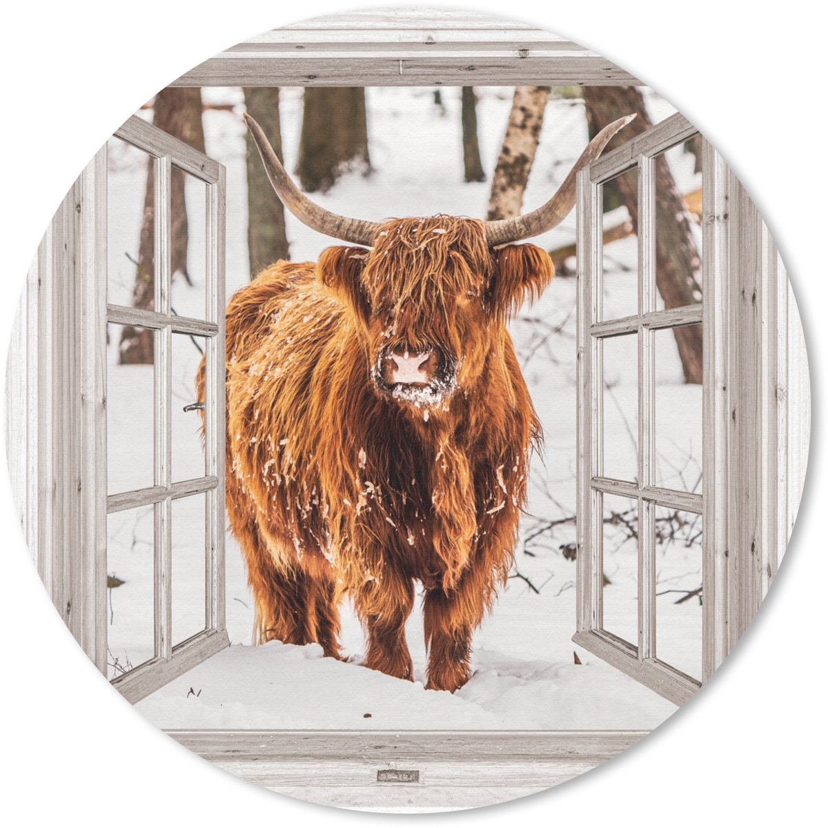 Muismat rond 40x40 cm - Mousepad Schotse Hooglander - Sneeuw - Winter - Natuur - Dier - Doorkijk - Landelijk - Ronde muismatten