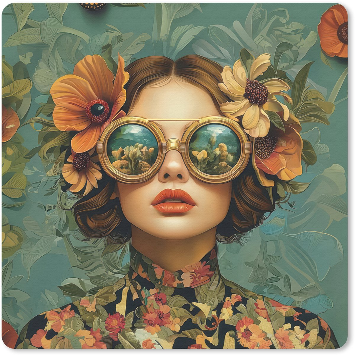 Muismat 20x20 cm - Mousepad Vrouw - Bloemen - Vlinders - Natuur - Vintage - Muismatten