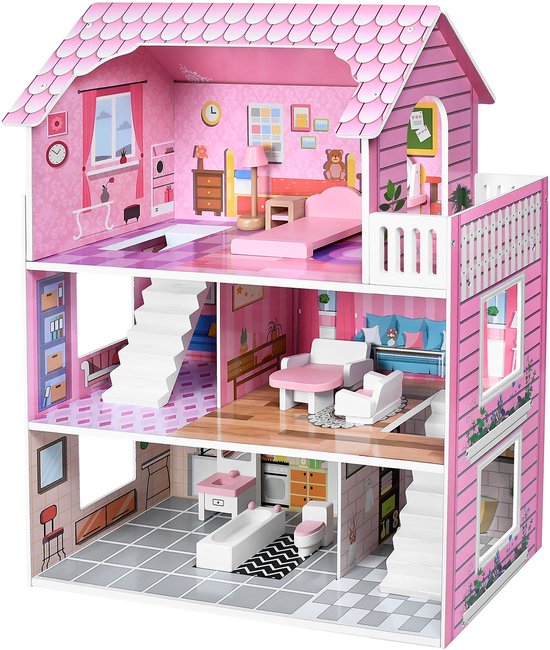 Maison De Poupée En Bois Rose 70x60x24 Cm – 3 étages Avec Meubles Et Accessoires