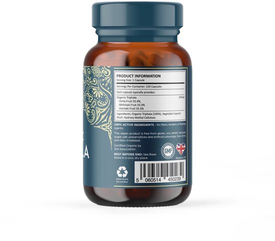 Achterkant van fles, productinformatie, ingrediënten: Triphala, amla, bibhitaki, haritaki, 120 capsules.