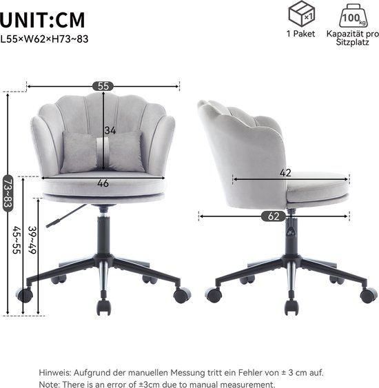 Chaise de bureau - chaise de maquillage - ergonomique - chaise en velours avec dossier en pétales - réglable en hauteur - chaise pivotante à roulettes - Grijs