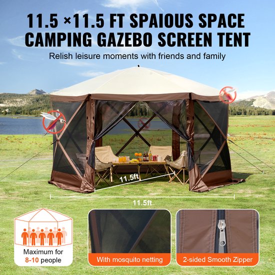 Pop-up Paviljoentent, 6-Zijdige Zonwering met Verwijderbare Privacyschermen en Gaasramen, 11,5 x 11,5 Foot Snel op te Zetten Tent met Muskietennet, Bruin van Merkloos — afbeelding 3