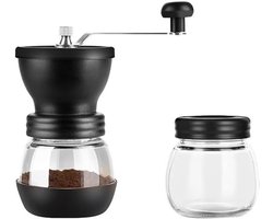 Handmatige koffiemolen, handbediende koffiemachine, glazen behuizing, zwart