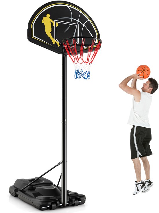Foto: Costway basketbalstandaard 130 305 cm in hoogte verstelbaar basketbalkorf voor buiten met wielen en standaard draagbare basketbalinstallatie voet met water en zand te vullen mand voor kinderen