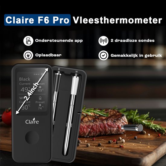 Claire F6 Pro vleesthermometer met 2.4 inch display, twee probes en een stuk gegrild vlees.