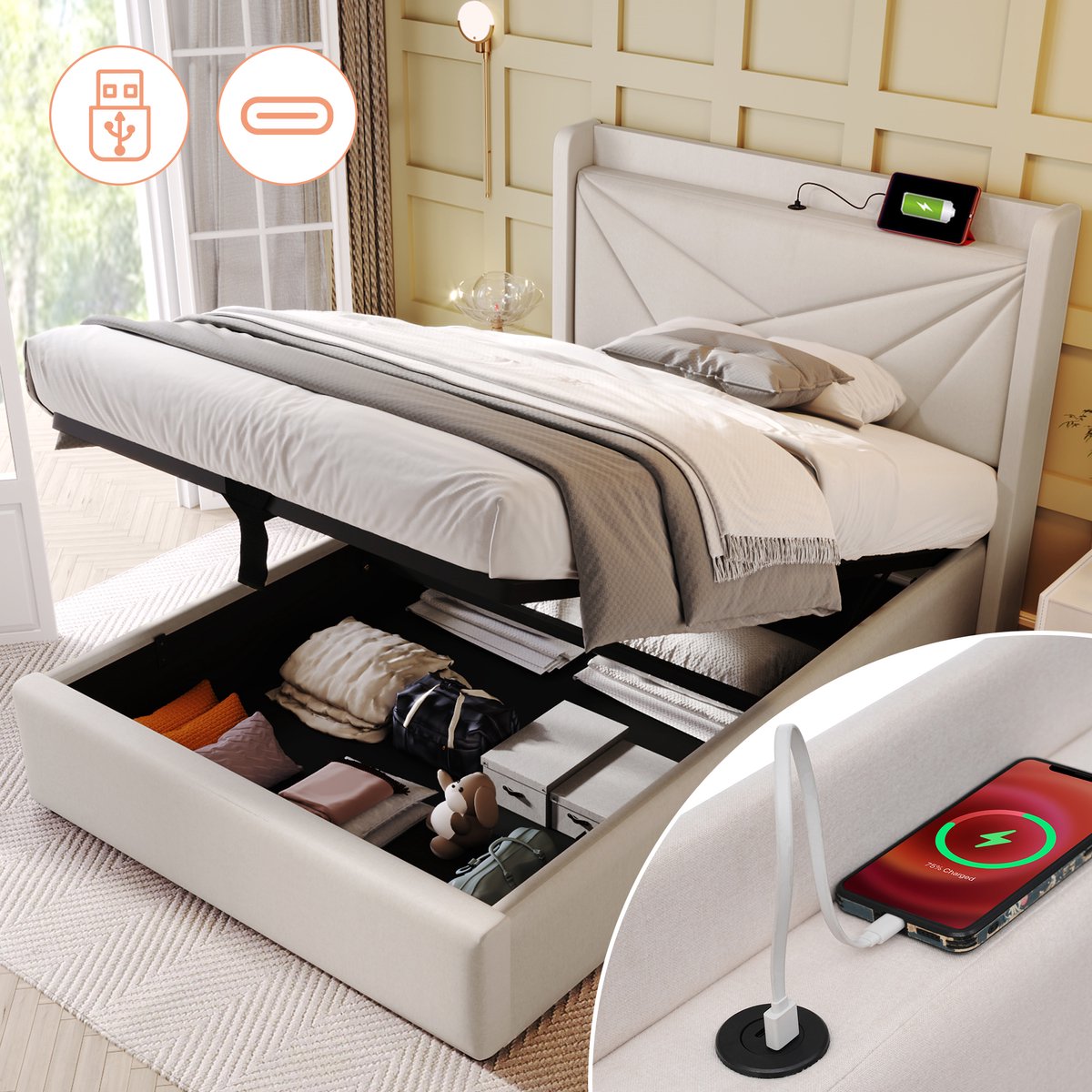 Merax Gepolsterd eenpersoonsbed met opbergruimte onderbed en USB Type C-oplader hoofdeinde, opbergbedden bedframe van linnen materiaal jeugdbed 90x200 met lattenbodem (zonder matras) beige