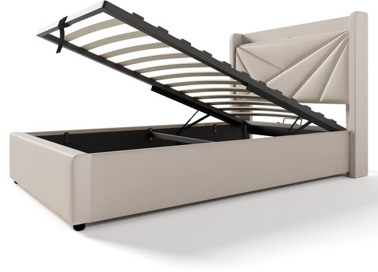 Lit simple rembourré avec espace de rangement sous le lit et tête de lit chargeur USB Type C, lits de rangement cadre de lit en matière lin lit jeune 90x200 avec sommier à lattes (sans matelas) beige