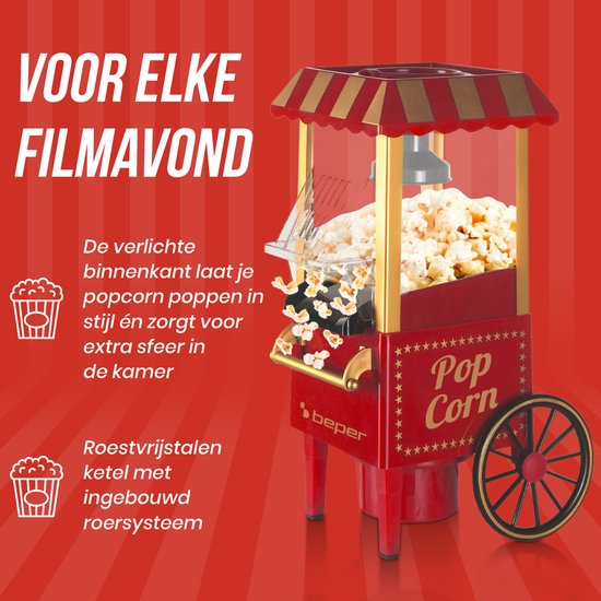 Rode popcornmachine met gouden accenten voor elke filmavond. Binnenkant verlicht, roestvrijstalen ketel.