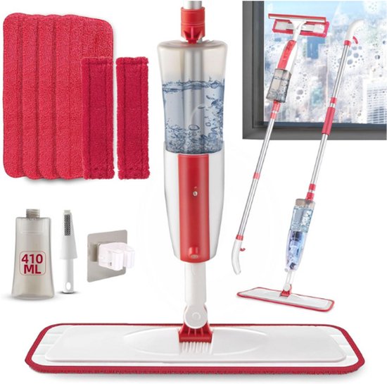 Foto: Spray mop raamreinigingsborstel vloerzwabber voor hardhout laminaat keramische tegels squeegee raamreiniger voor thuis auto glas spiegel met 4 en 2 wasbare herbruikbare pads 1 schraper 1 mop houder