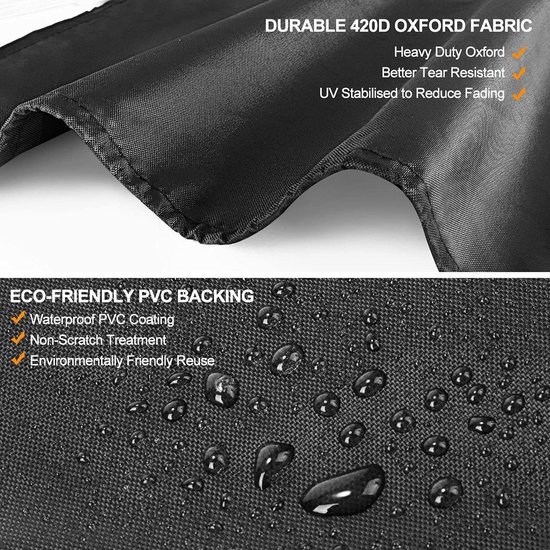 Zwarte parasolhoes gemaakt van duurzaam 420D Oxford-stof met waterdichte PVC-coating.