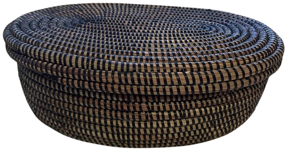 Handgemaakt ovaal zwart opbergmandje met deksel – 35x25x12 cm – Decoratief & praktisch – Boho stijl