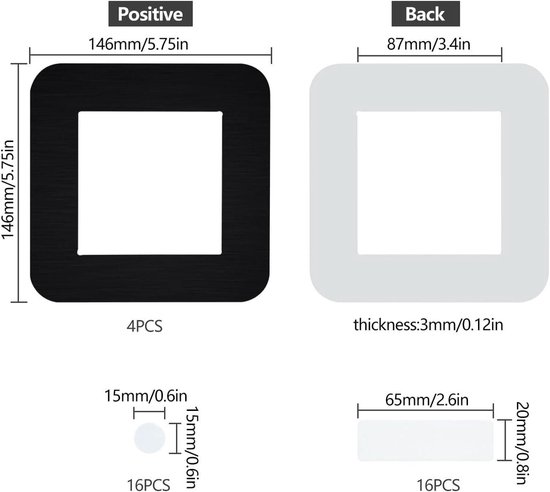 JINTANG 3-Delige Lichtschakelaar Surround Mat Zwart, 8,6 * 8,6 cm Protector Cover Platen, Zelfklevende Platen Frame, Muurcontactstickers voor Woondecoratie