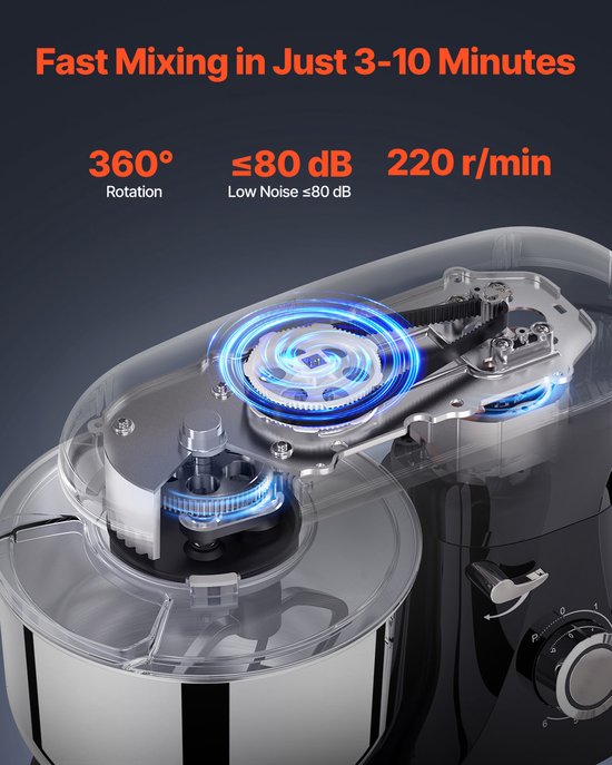 Keukenmachine, 8,3 QT Deegmixer, 1400 W, 6+P Snelheden, Keukenmachine met Kantelbare Kop en Roestvrijstalen Kom, Deeghaak, Garde, Platte Klopper, Schraper — afbeelding 4