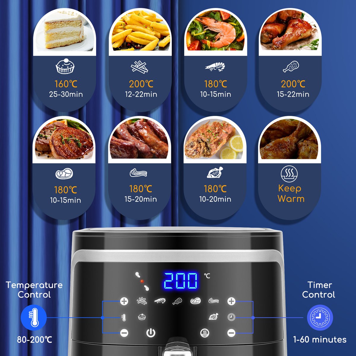 Afbeelding 2 van Aigostar 30IBT - Airfryer XXL met Olijfolie Sprayer - Heteluchtfriteuse - Groot 7 liter - Digitaal display - 1600 gr friet - Inclusief airfryer kookboek - 7 programma's - 1900 W - Zwart