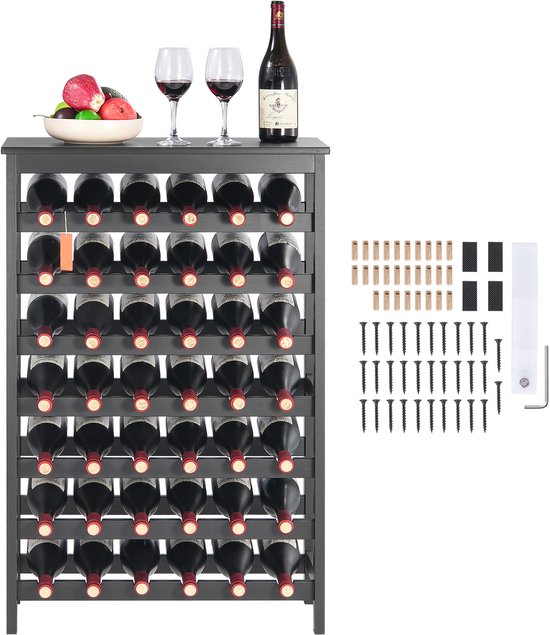 Zwart 7-laags wijnrek, vol met 42 flessen, met een fruitschaal en wijnglazen op het bovenste blad. Schroeven en pluggen ernaast.