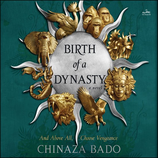 Boekomslag 'Birth of a Dynasty' met gouden reliëfs van dieren en een masker op een groene achtergrond.